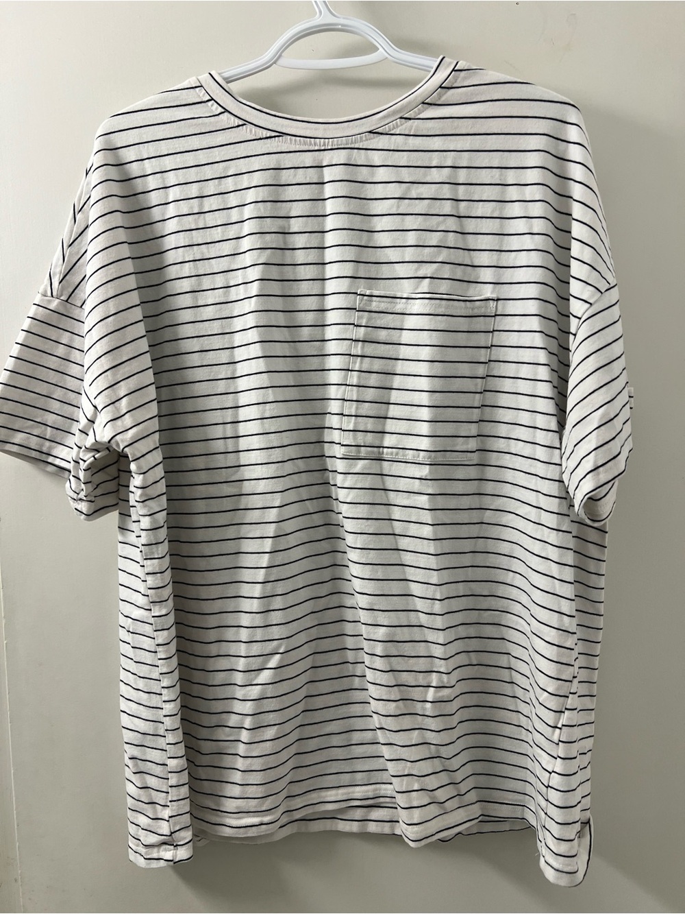 Women's White Striped Pocket Tee - Casual Crewneck Shirt